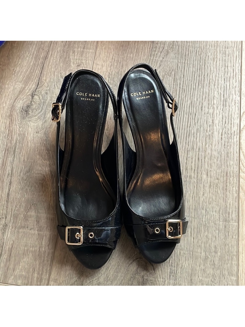 Cole Haan Black Patent Slingback Peep-Toe Heels with Gold Buckles